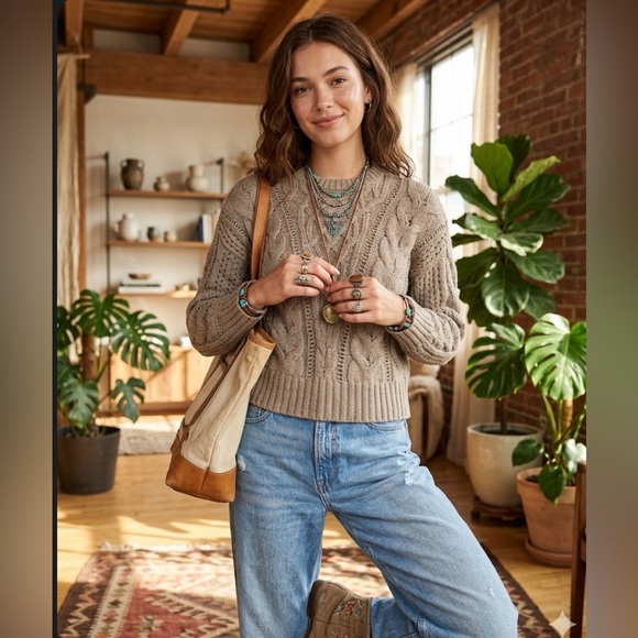 Abercrombie & fitch Textural Stitch Cable Crew Sweater size XS in light brown - Picture 3 of 16